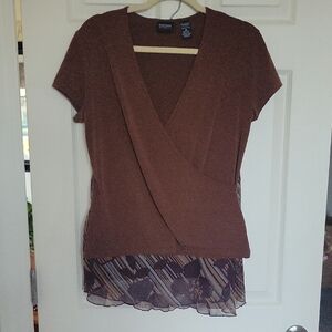 Brown Short Sleeve Wrap Top With Matching Skirt.  Both Come Together.